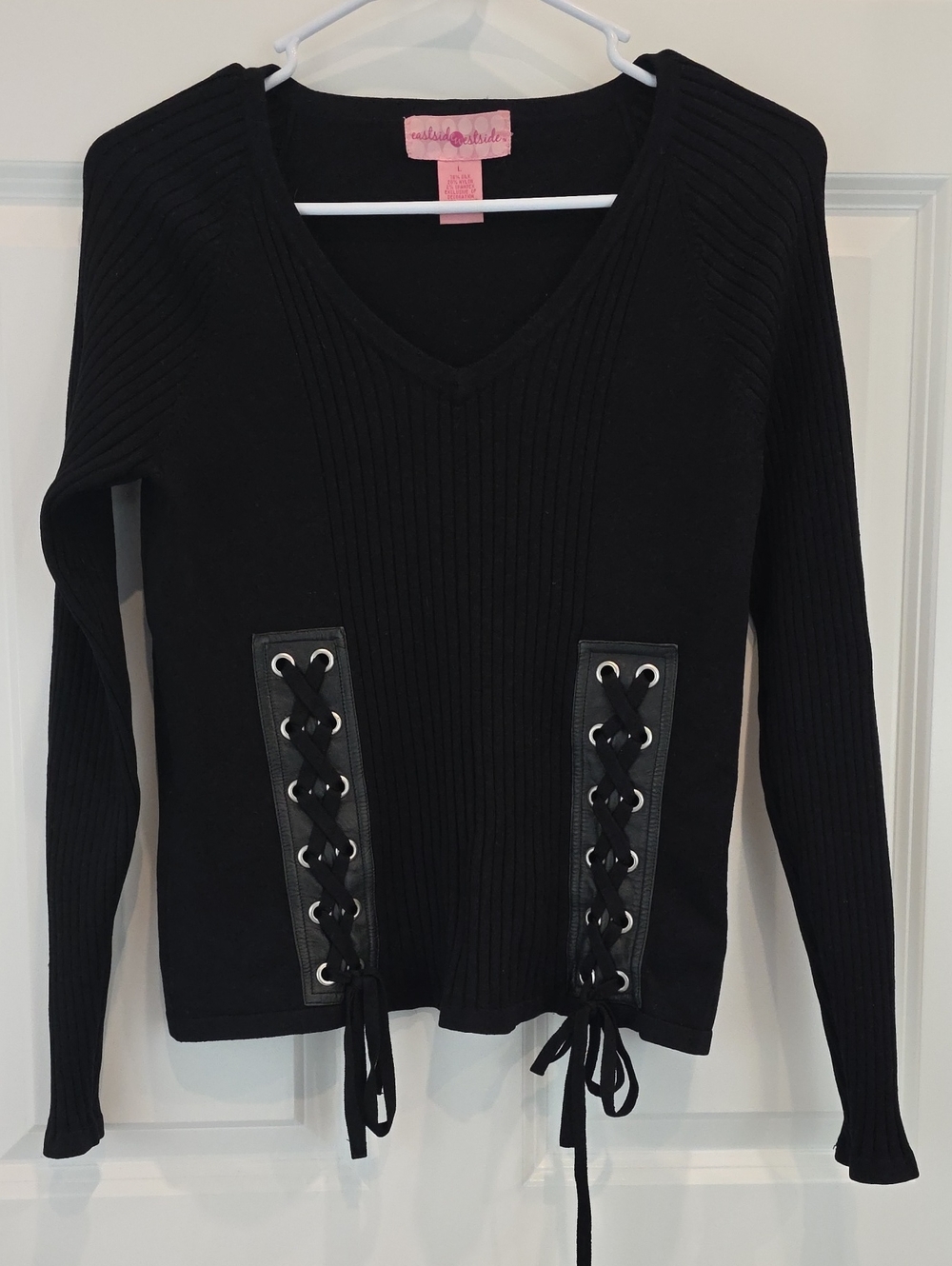 Vtg Y2K Eastside Westside Black Ribbed Corset Knit Sweater Whimsigoth Cyber Goth